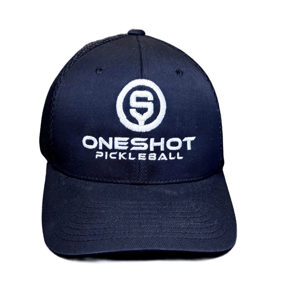 One Shot Pickleball Hat‎ Flexfit L-XL Black Fitted Mesh Back Cap Mens